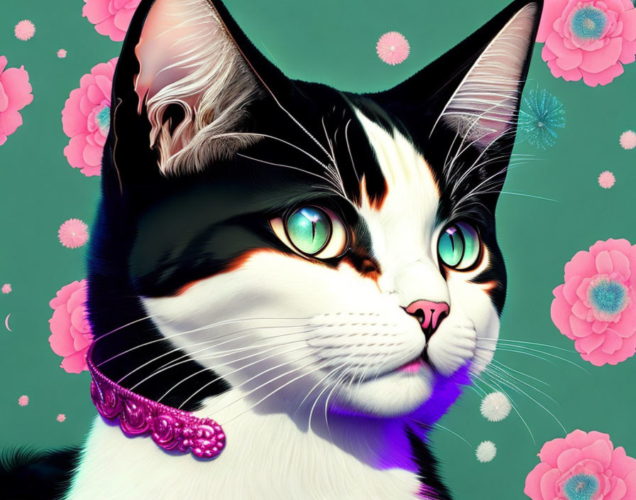 Multicolored Cat with Green Eyes in Purple Collar on Teal Background