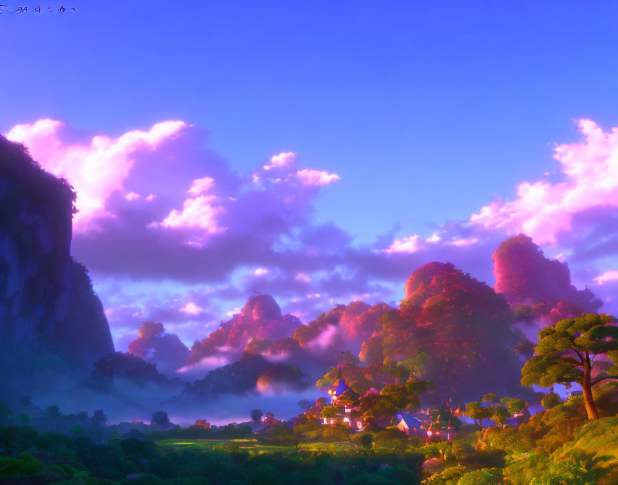 Fantastical landscape with pink clouds, lush greenery, fog, and village nestled in cliffs