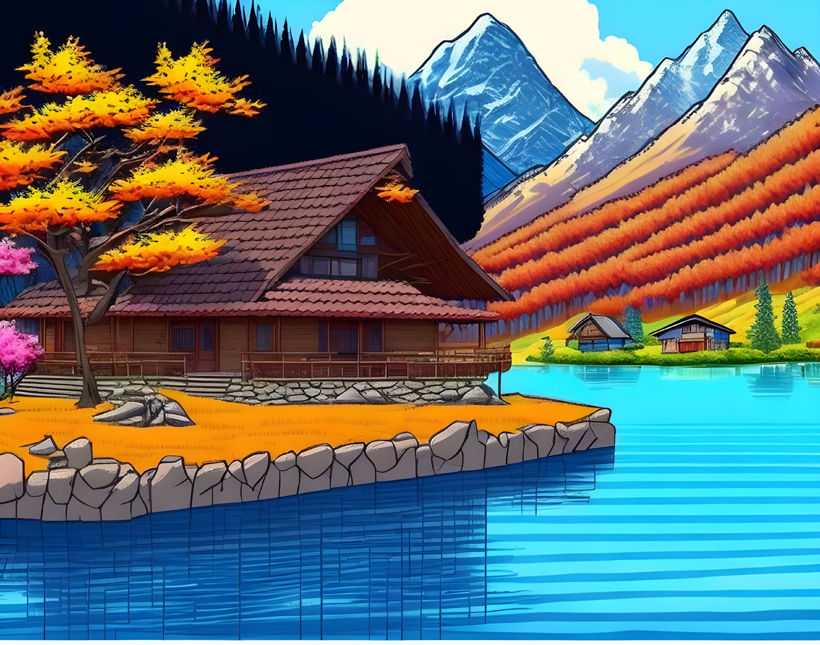 Autumn mountain lake scene with wooden cabin and snowy peaks