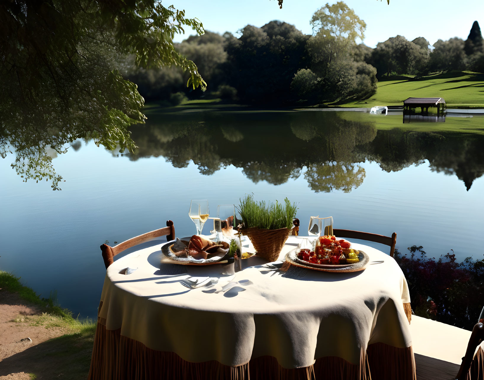 Tranquil outdoor dining scene by calm lake