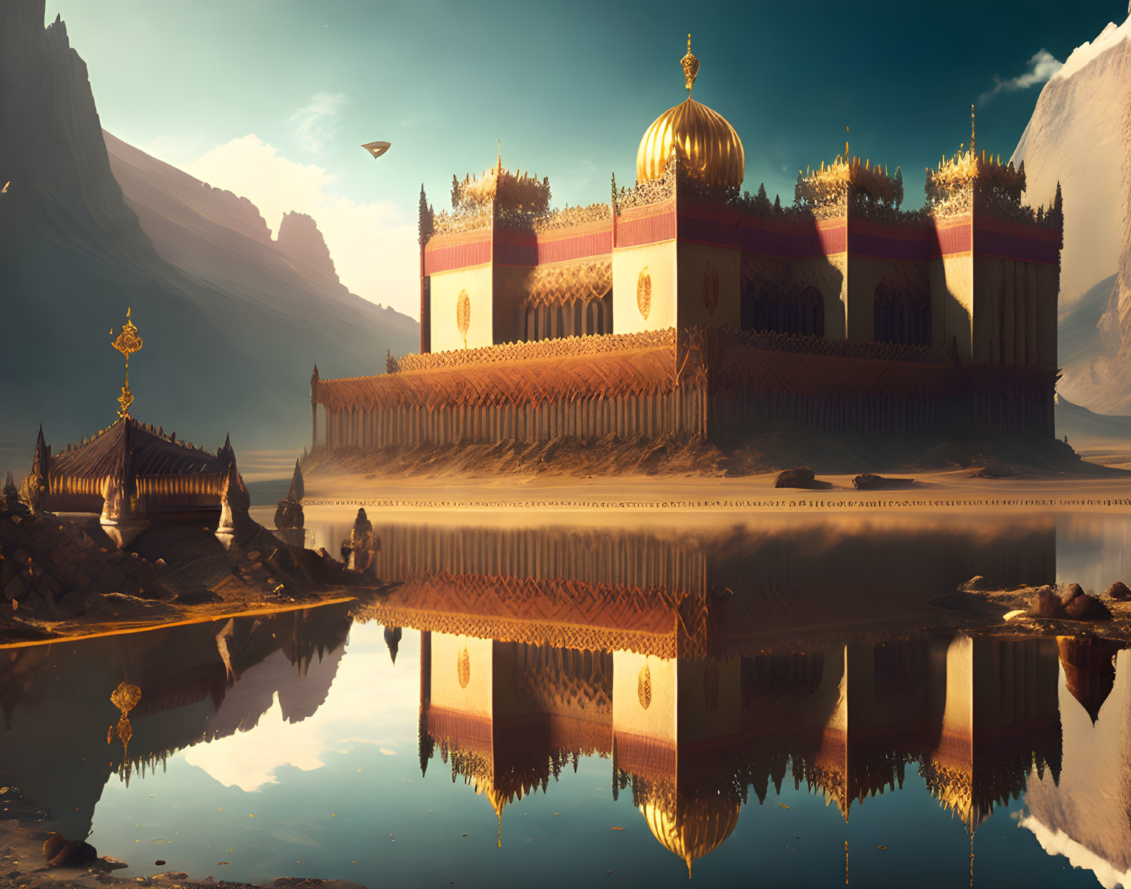 Golden-domed palace reflected in water in desert landscape with mountains and floating structure.