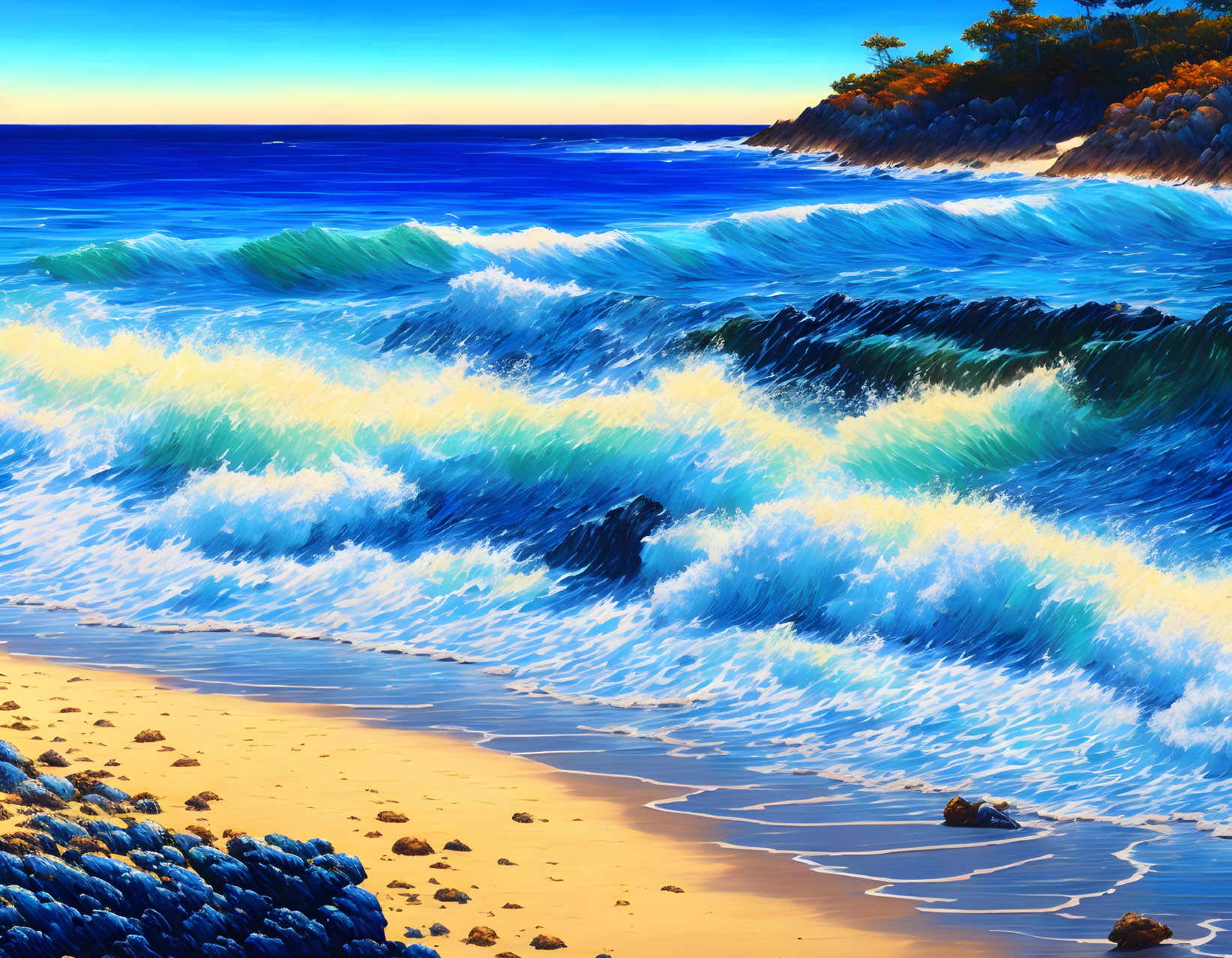 Sunlit Beach with Dynamic Blue Waves and Forested Coastline