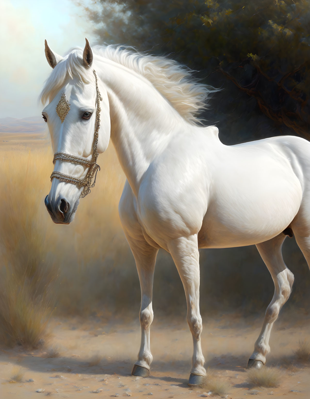 White Horse with Detailed Bridle in Sunlit Landscape