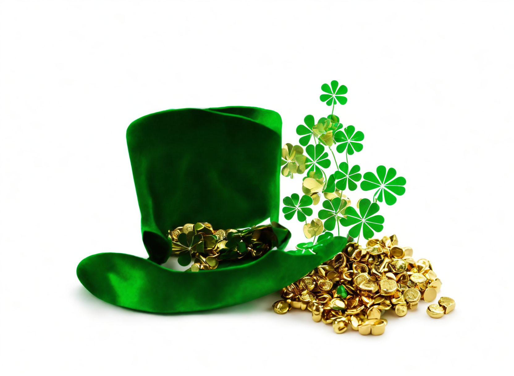 Green Leprechaun Hat with Gold Coins and Shamrock Decorations on White Background