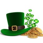 Green Leprechaun Hat with Gold Coins and Shamrock Decorations on White Background