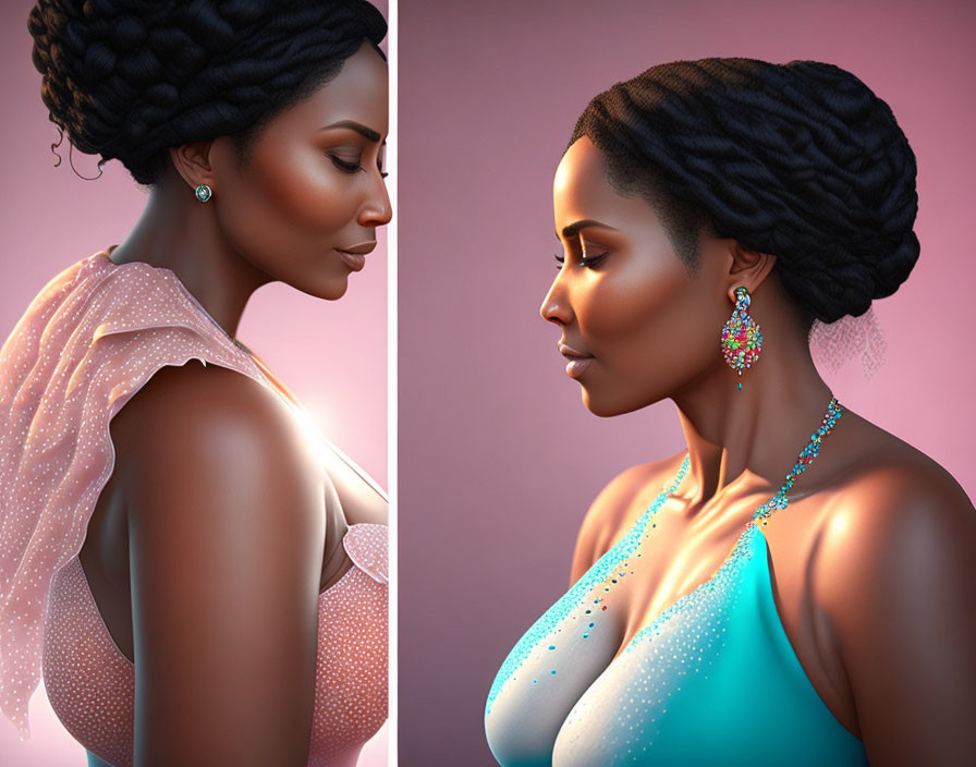 Dual portraits of woman with intricate braids and elegant attire on soft pink backdrop