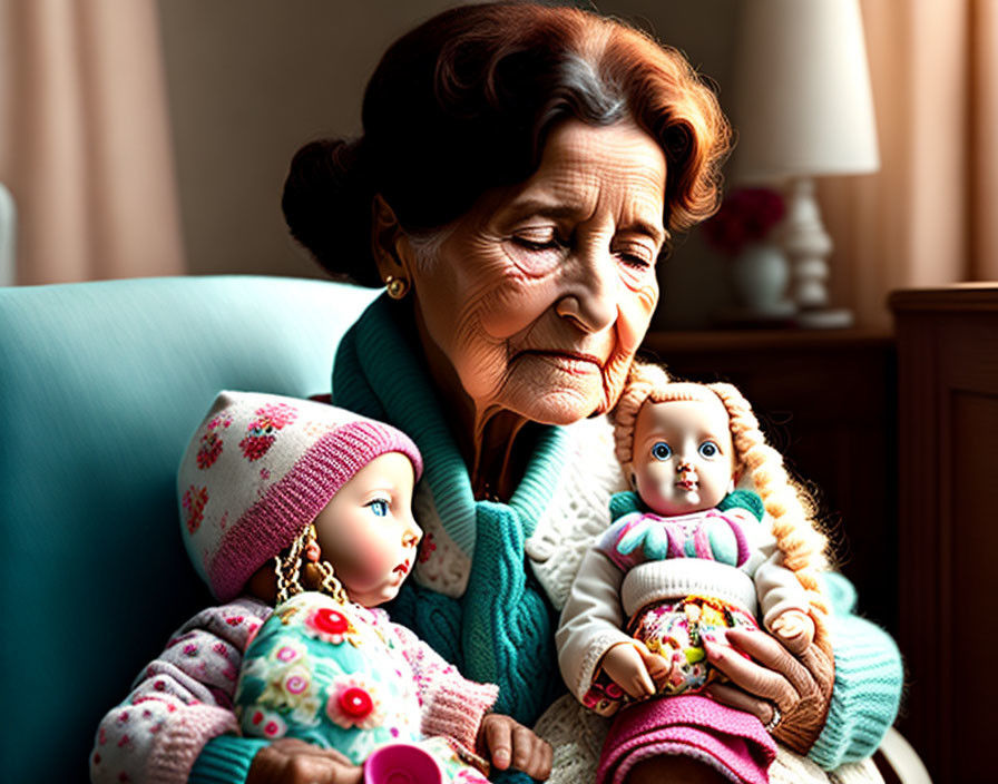 Elderly woman holding knitted dolls in warm light