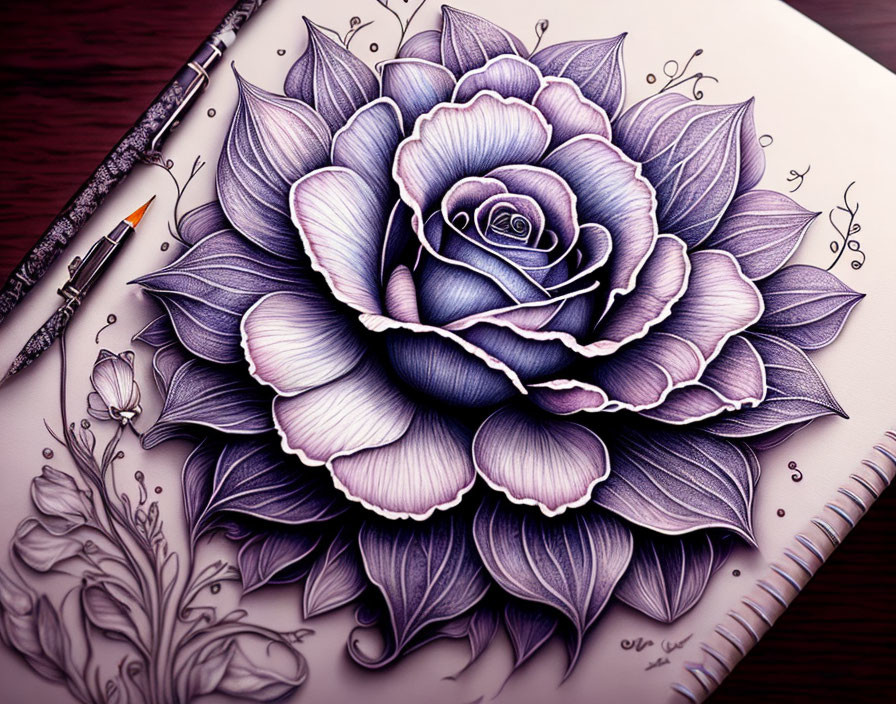 Detailed Purple Rose Sketch with Shading and Fine Line Work on Wooden Surface