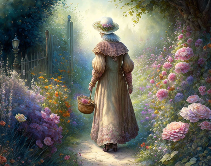 Elderly woman in vintage dress and hat strolling in flower garden