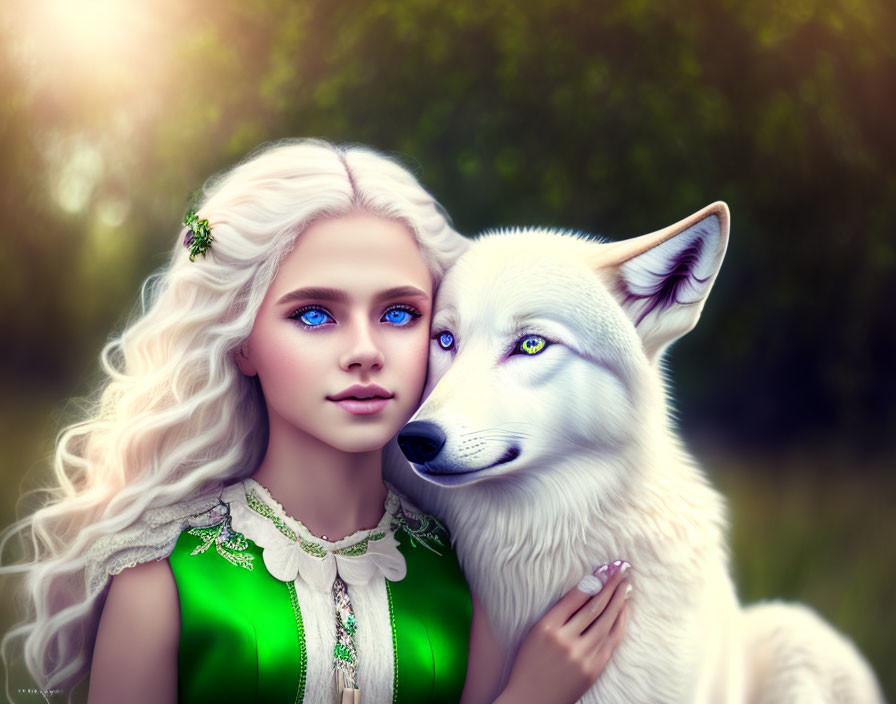 Digital illustration: Girl with white hair and white wolf in mystical forest