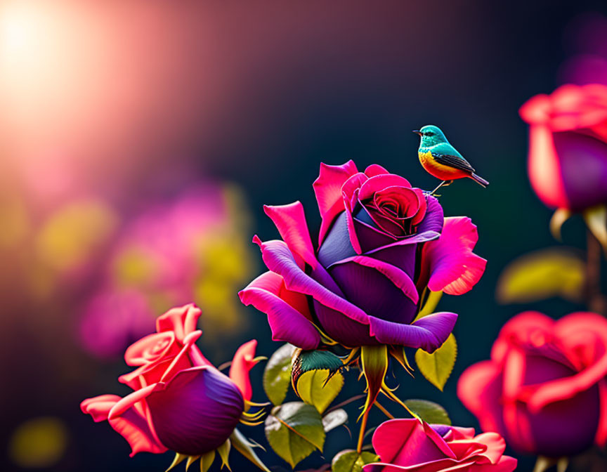 Purple Roses with Bird in Warm Light Background