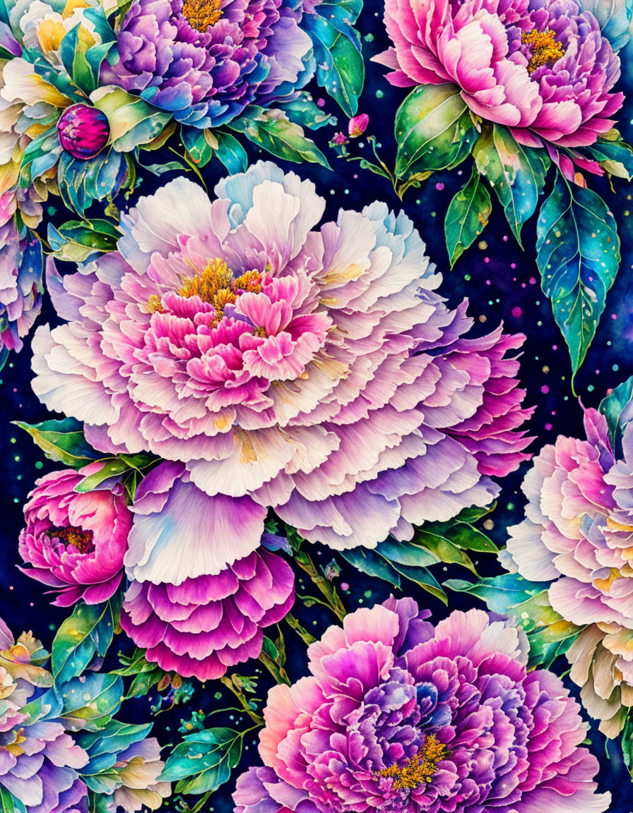 Pink peonies on dark blue background with stars