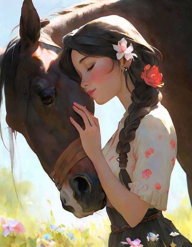 Woman with braided hairstyle and flowers resting cheek on horse's muzzle in blooming meadow