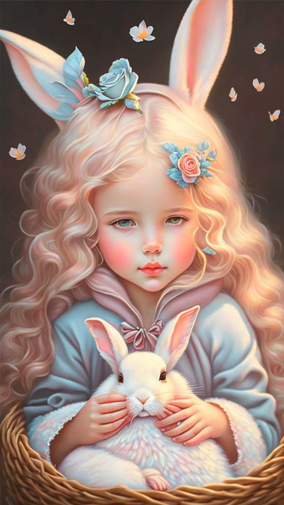 Curly Blonde Girl with Bunny Ears Holding Rabbit Surrounded by Butterflies