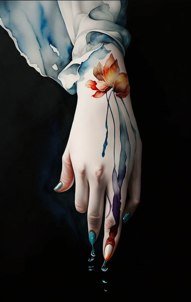 Hyper-realistic painting: Hand with floral tattoo and dripping paint on dark background