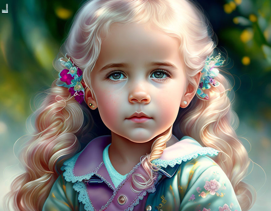 Young girl digital artwork: blonde hair, pink flowers, blue eyes, floral outfit