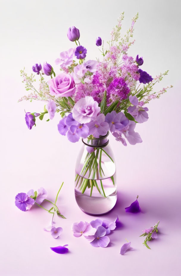 Purple and Pink Flowers in Clear Glass Vase on Soft Pink Background