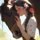 Woman with braided hairstyle and flowers resting cheek on horse's muzzle in blooming meadow