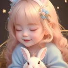 Curly Blonde Girl with Bunny Ears Holding Rabbit Surrounded by Butterflies