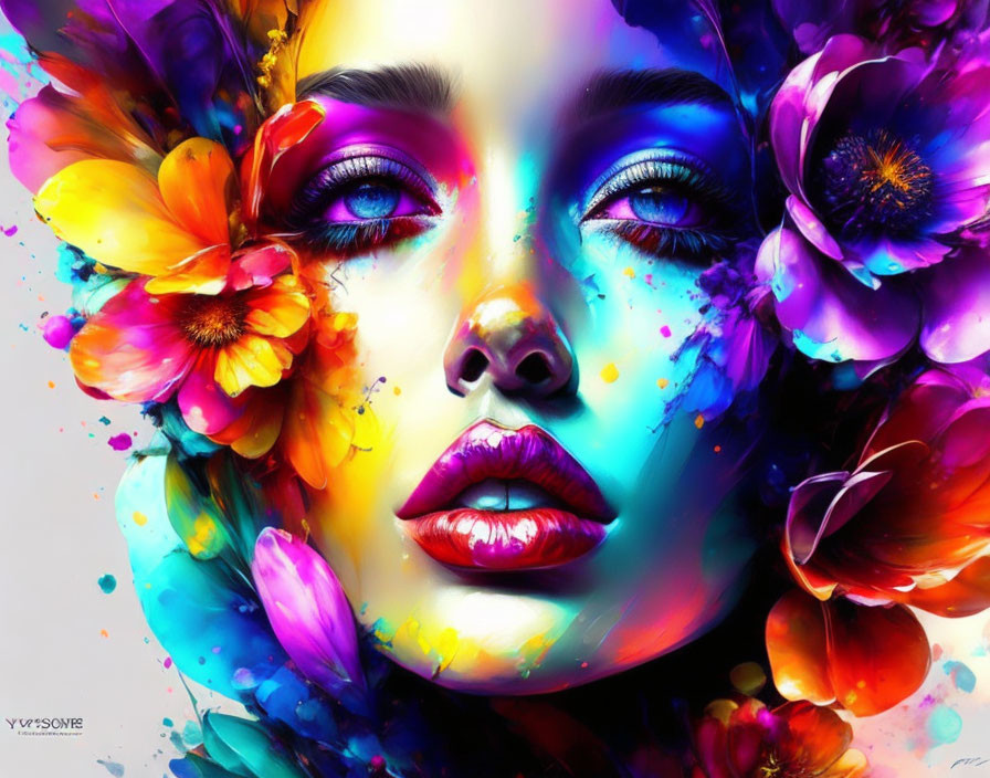 Colorful Flower Adorned Woman's Face Artwork