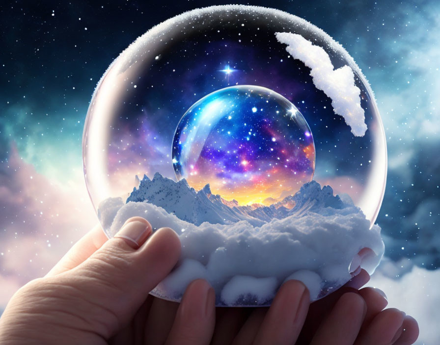 Hand holding snow globe with mountain landscape and starry galaxy double exposure