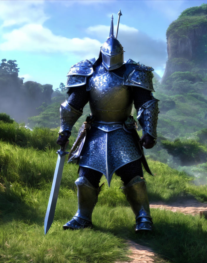 Knight in shining armor with sword in forest path under sunlight.