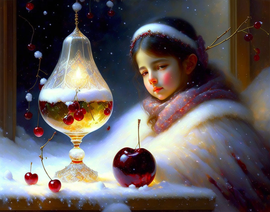 Young girl in winter attire with glowing lamp on snow-covered surface