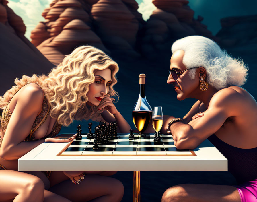 Stylized women playing chess near canyon with wine bottle and glasses