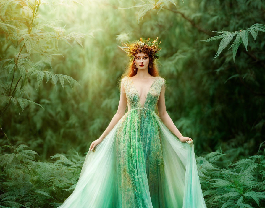 Woman in green gown and leafy crown in misty forest scene