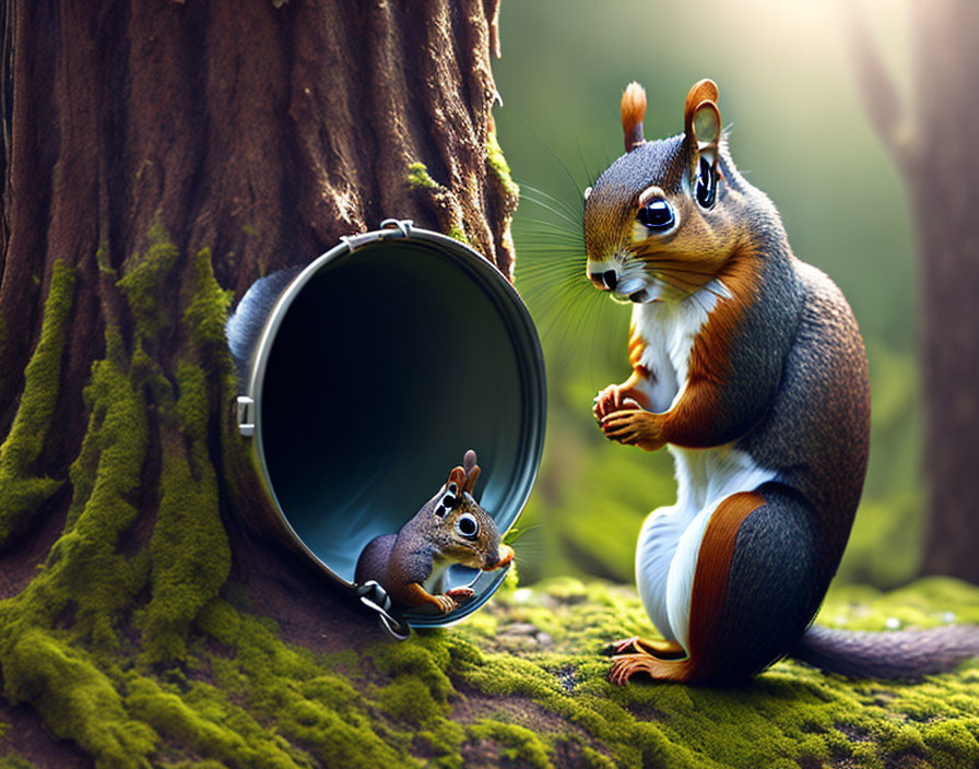 Squirrel observing reflection in round mirror in sunlit forest