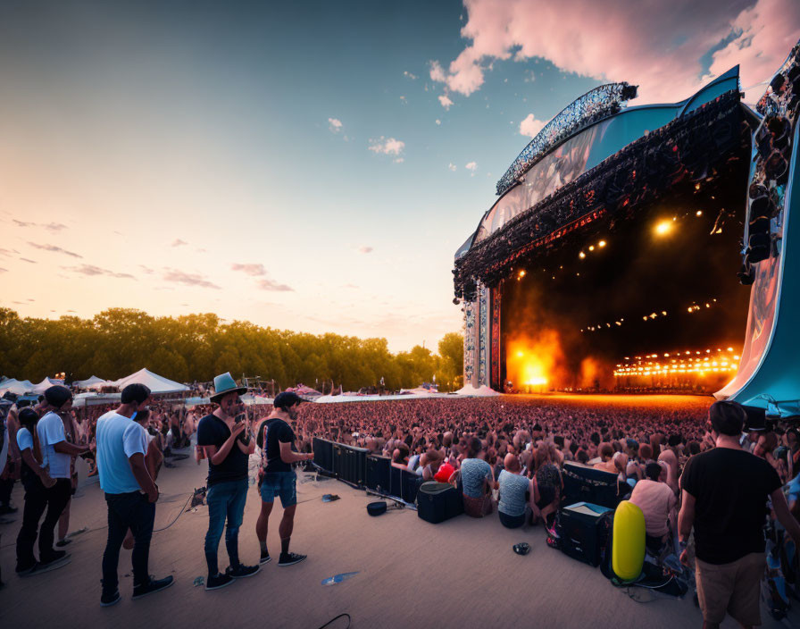 Crowded outdoor concert under dusky sky on lit stage