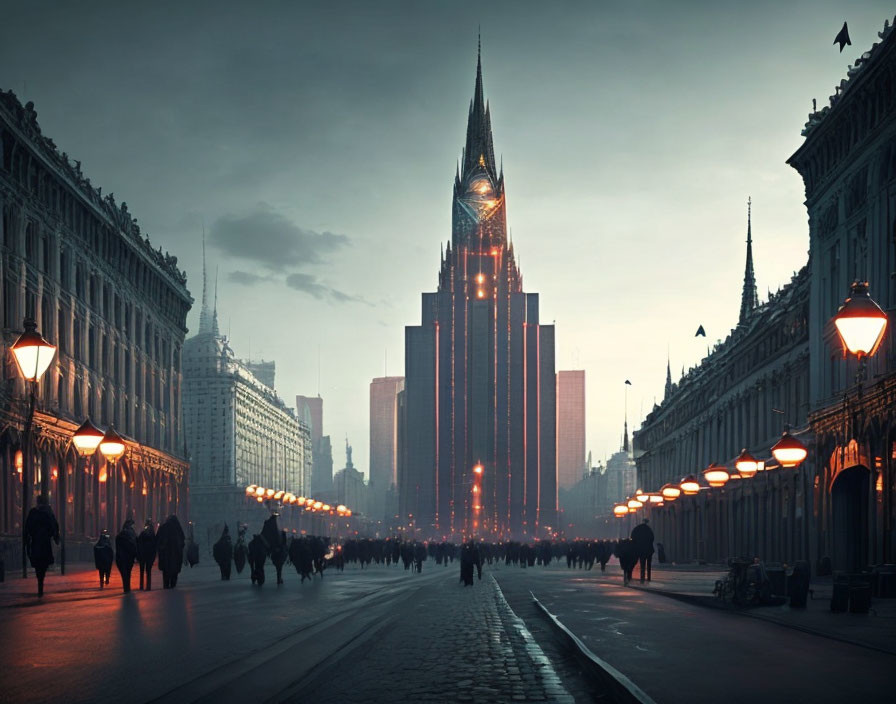 Futuristic cityscape at dusk with towering spire and classical architecture