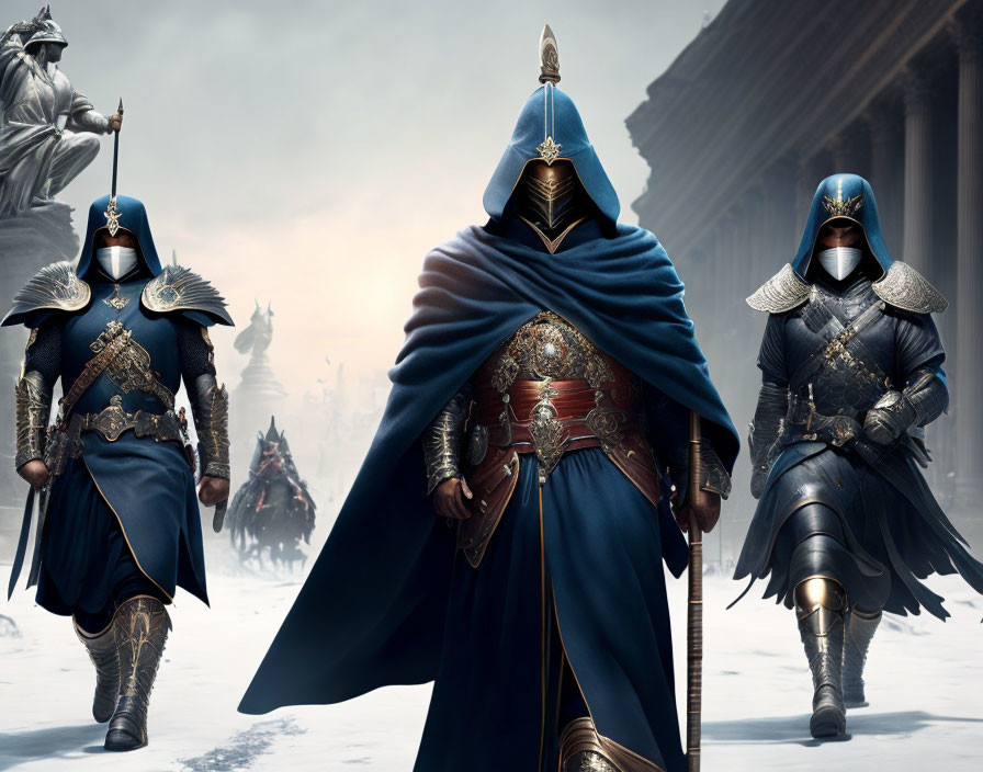 Three armored characters with capes and helmets in a fantasy setting.