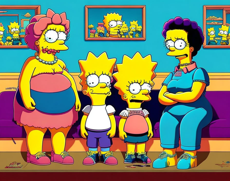 Four animated characters with unique hairstyles in colorful room with yellow walls and blue couch