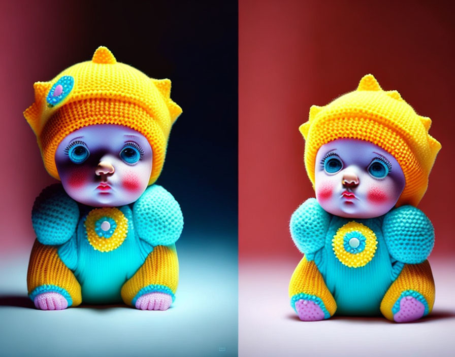 Colorful Stylized Doll in Yellow Hat & Blue Outfit on Gradient Background