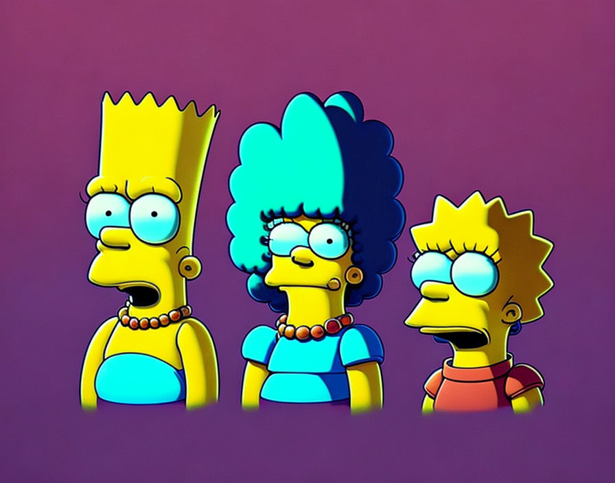 Animated characters with yellow skin and unique hairstyles on purple backdrop