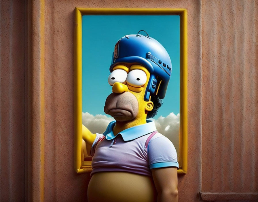 3D rendering of puzzled Homer Simpson at yellow door against sky