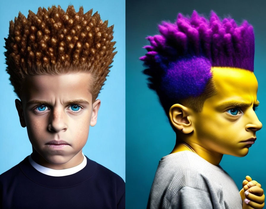 Two boys with pineapple-inspired hairstyles on colored backgrounds