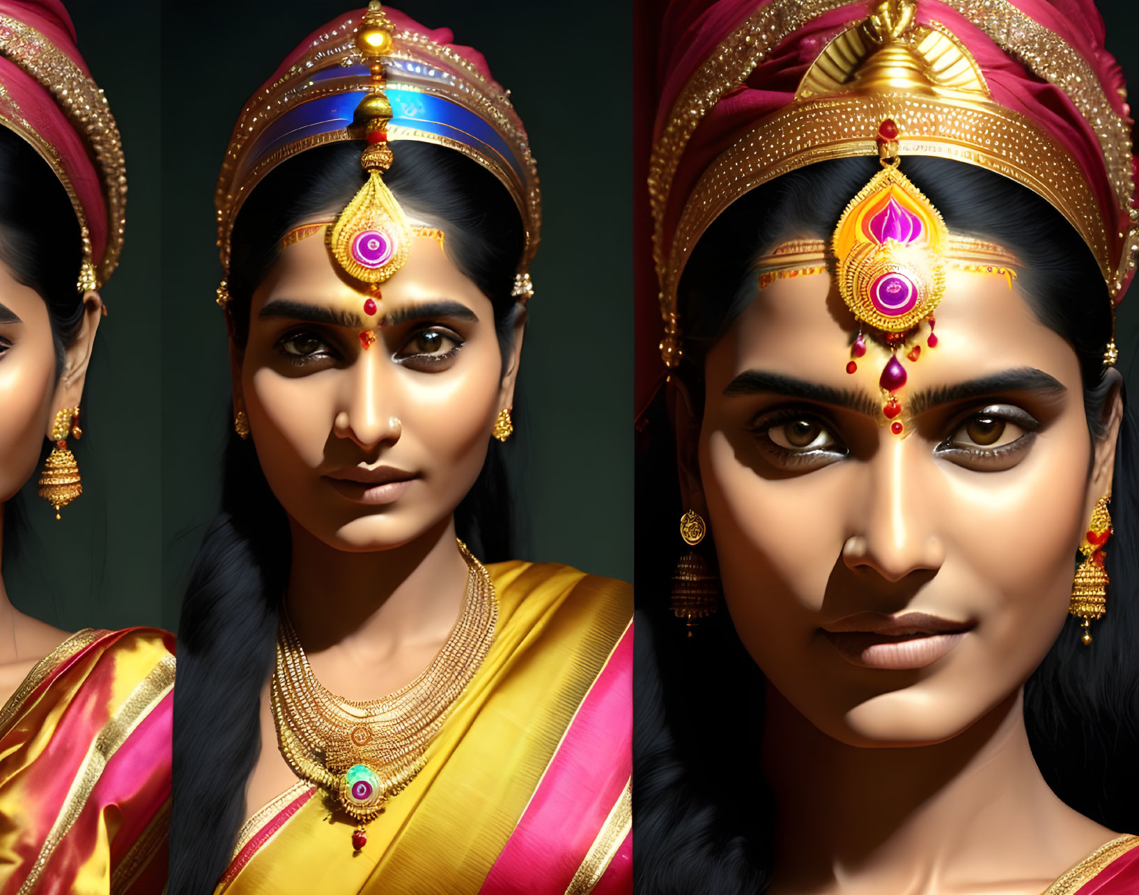 Traditional Indian jewelry and makeup portraits with glowing bindi contrast.