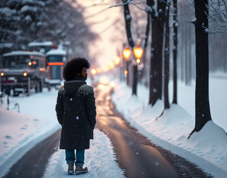 Person with Afro Hair on Snowy Street with Falling Snow and Passing Bus