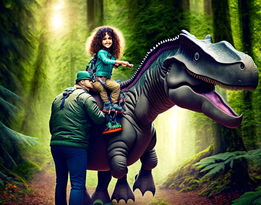 Child sitting on realistic dinosaur model in forest with adult beside them