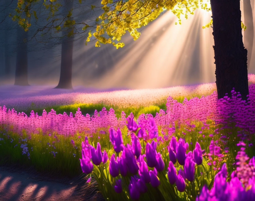 Vibrant purple flowers in sunlight with foreground tulips