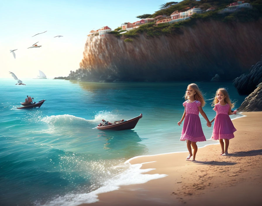 Two young girls in pink dresses on a sandy beach with cliffs, seaside houses, boats, and se