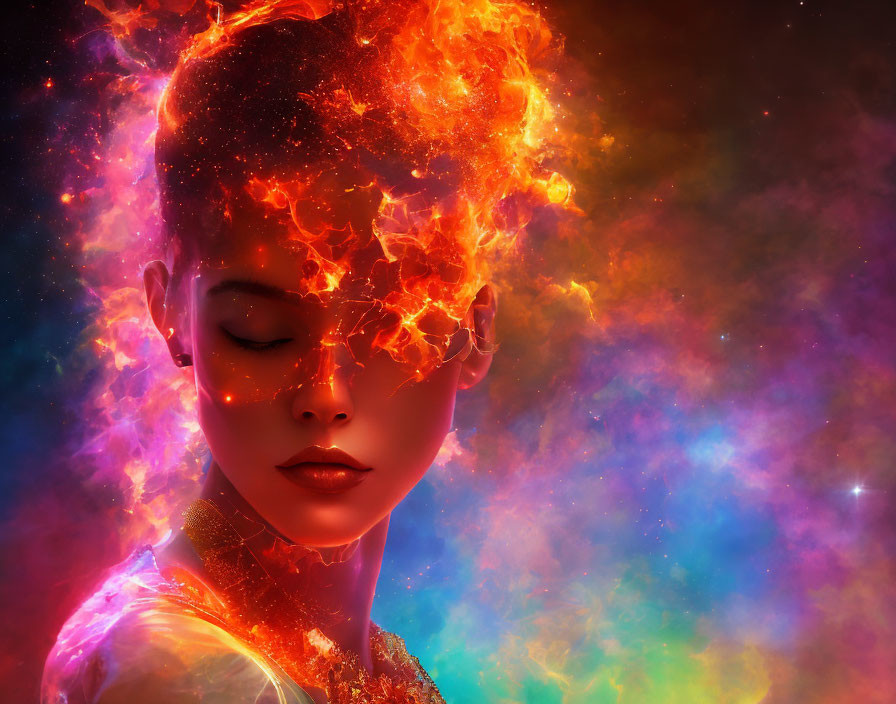 Fiery Woman with Cosmic Aura in Vibrant Nebula Background