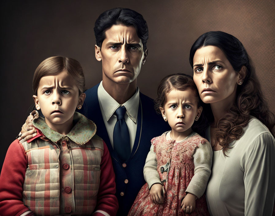 Vintage Family Portrait with Solemn Expressions on Dark Background