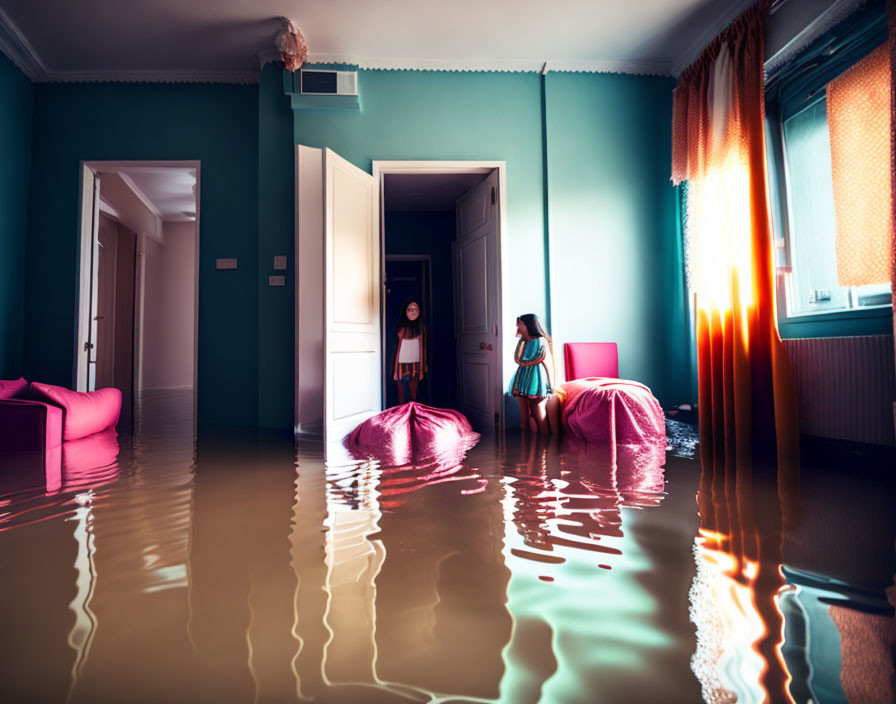 Surreal pink liquid floods room with two children, sunlight peeking through curtains