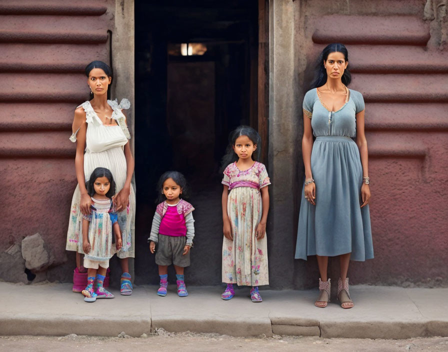 Group of Women and Girls in Colorful Outfits by Doorway