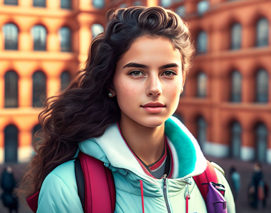 Curly-Haired Woman in Colorful Jacket with Freckles