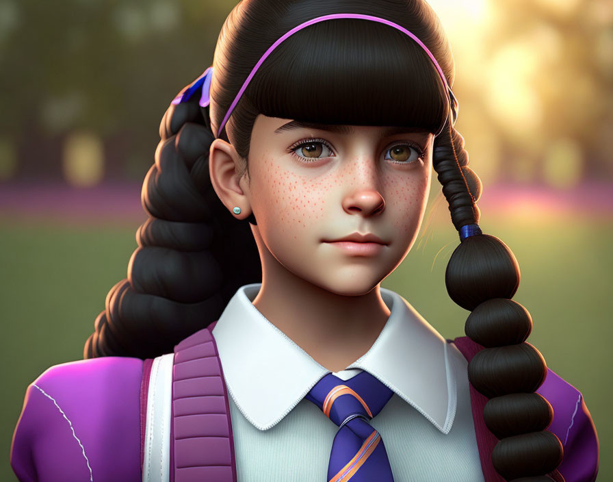 Digital art portrait of young girl with braided hair, freckles, school uniform, purple backpack