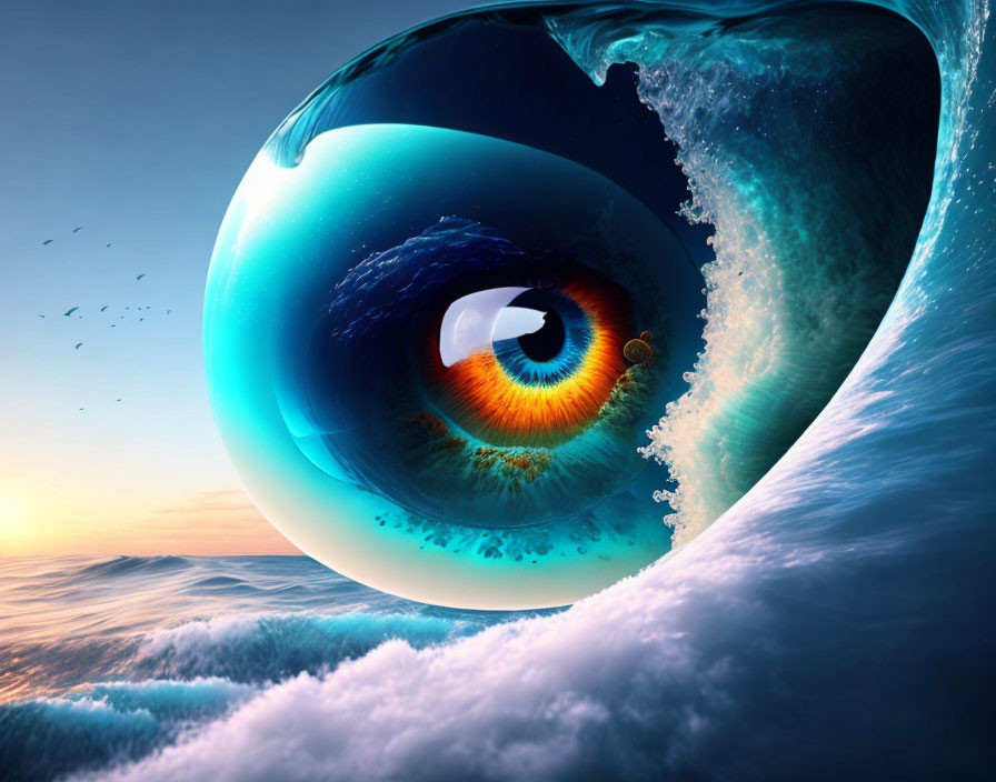 Surreal image: Giant eye with ocean iris and crashing waves in vivid sunset sky